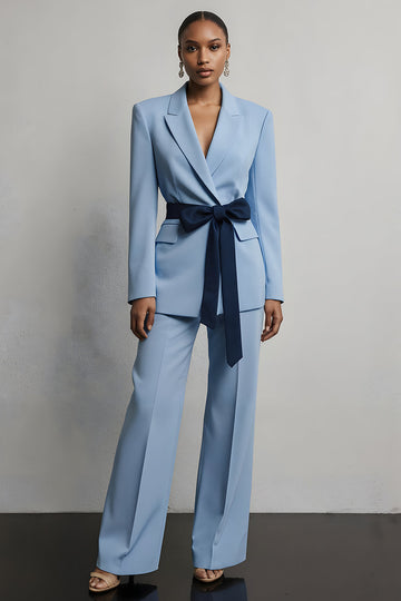 Light Blue 2 Piece Peak Lapel Business Suits with Sash